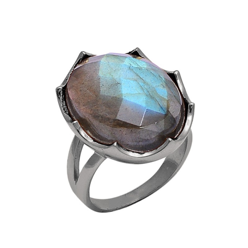 Oval Shape Labradorite Gemstone 925 Silver Gold Plated Ring Jewelry