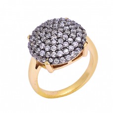 Round Shape Pave Cz Gemstone 925 Sterling Silver Gold Plated Ring Jewelry