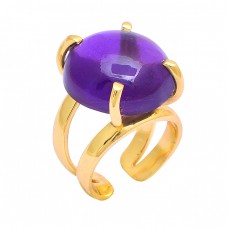 Round Shape Amethyst Gemstone 925 Sterling Silver Gold Plated Ring Jewelry