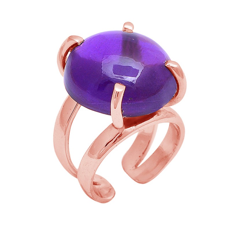 Round Shape Amethyst Gemstone 925 Sterling Silver Gold Plated Ring Jewelry