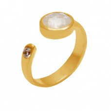 Round Shape Rainbow Moonstone Cubic Zirconia Gemstone 925 Sterling Silver Gold Plated Rings