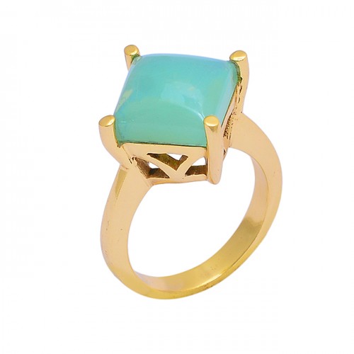 925 Sterling Silver Square Shape Chalcedony Gemstone Gold Plated Ring