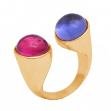 Round Shape Pink Blue Color Quartz Gemstone Gold Plated Ring Jewelry