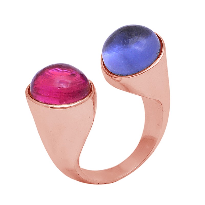 Round Shape Pink Blue Color Quartz Gemstone Gold Plated Ring Jewelry