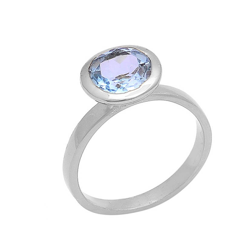 Faceted Round Shape Blue Topaz Gemstone 925 Silver Black Rhodium Ring