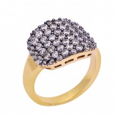 Round Shape Cubic Zirconia Gemstone 925 Silver Gold Plated Cocktail Ring