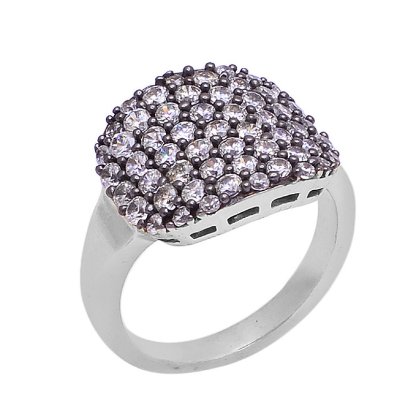 Round Shape Cubic Zirconia Gemstone 925 Silver Gold Plated Cocktail Ring