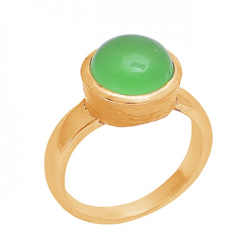 Round Shape Prehnite Chalcedony Gemstone 925 Silver Gold Plated Ring