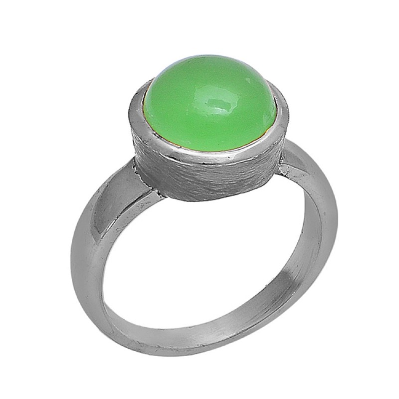 Round Shape Prehnite Chalcedony Gemstone 925 Silver Gold Plated Ring