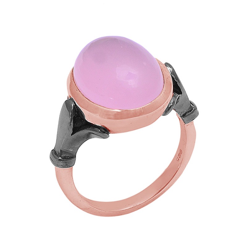 Oval Shape Rose Chalcedony Gemstone 925 Silver Gold Plated Ring Jewelry