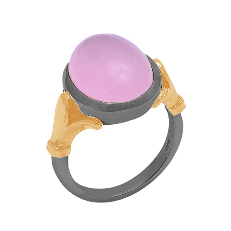 Oval Shape Rose Chalcedony Gemstone 925 Silver Gold Plated Ring Jewelry