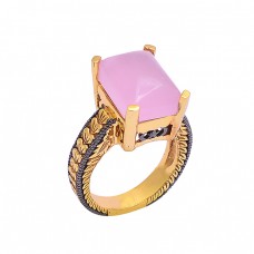 Rectangle Cabochon Rose Chalcedony Gemstone 925 Silver Gold Plated Ring