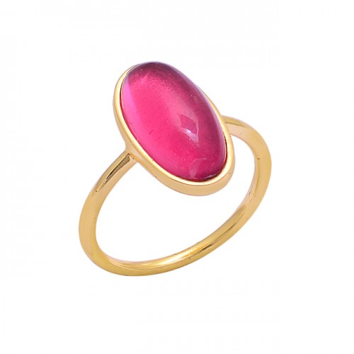 Cabochon Oval Shape Pink Quartz Gemstone 925 Silver Gold Plated Ring