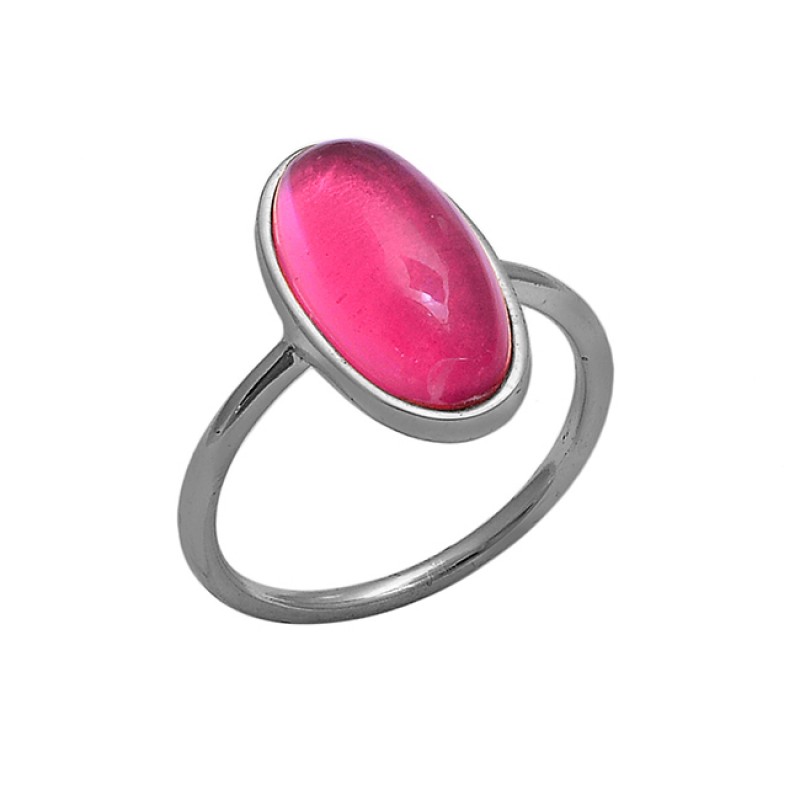Cabochon Oval Shape Pink Quartz Gemstone 925 Silver Gold Plated Ring