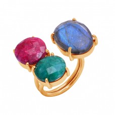 Labradorite Ruby Emerald Gemstone 925 Silver Gold Plated Prong Setting Ring