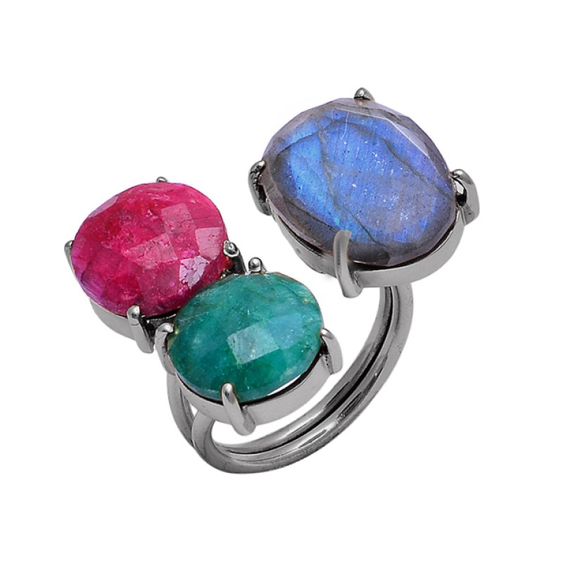 Labradorite Ruby Emerald Gemstone 925 Silver Gold Plated Prong Setting Ring