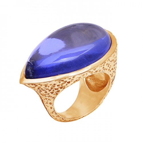 Pear Shape Blue Quartz Gemstone 925 Sterling Silver Gold Plated Ring Jewelry