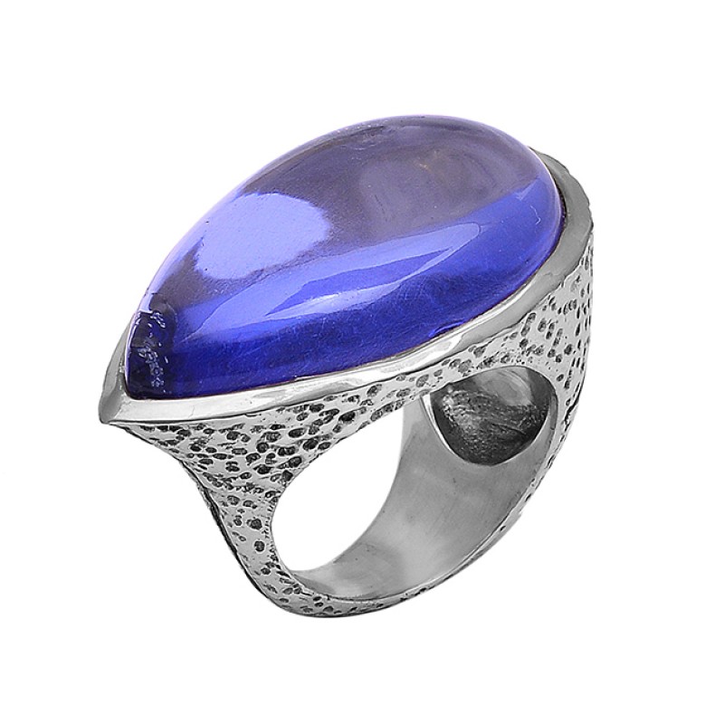 Pear Shape Blue Quartz Gemstone 925 Sterling Silver Gold Plated Ring Jewelry