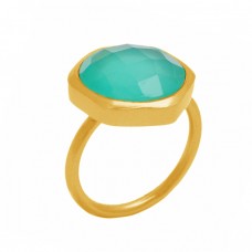 Hexagon Shape Aqua Chalcedony Gemstone 925 Sterling Silver Gold Plated Ring