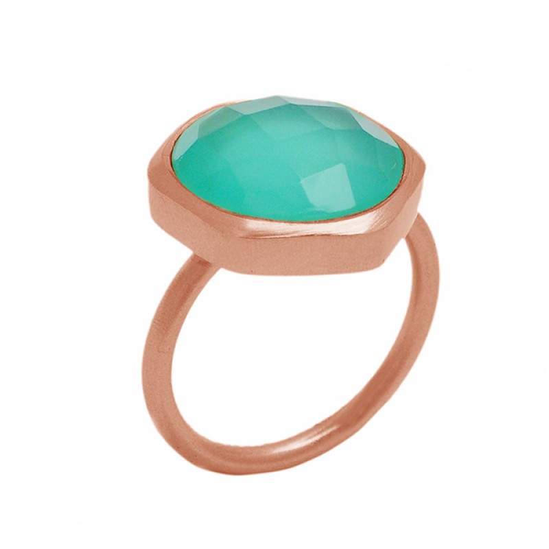 Hexagon Shape Aqua Chalcedony Gemstone 925 Sterling Silver Gold Plated Ring