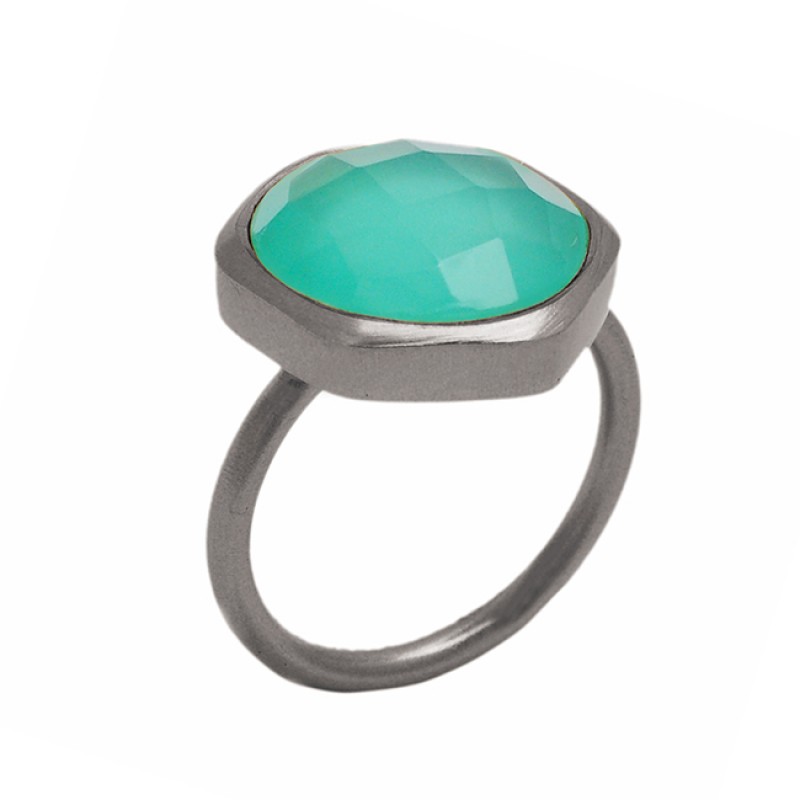Hexagon Shape Aqua Chalcedony Gemstone 925 Sterling Silver Gold Plated Ring