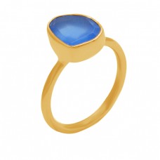 Blue Chalcedony Oval Shape Gemstone 925 Sterling Silver Gold Plated Ring Jewelry