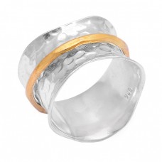 Unique Plain Hammered Designer 925 Sterling Silver Gold Plated Ring