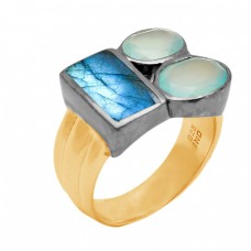 Labradorite Aqua Chalcedony Gemstone 925 Sterling Silver Gold Plated Jewelry Ring