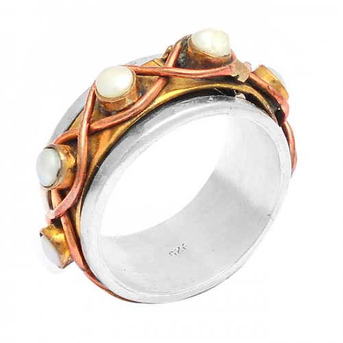 Round Shape Pearl Gemstone 925 Sterling Silver Gold Plated Ring Jewellery