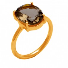 Oval Shape Smoky Quartz Gemstone 925 Sterling Silver Gold Plated Ring Jewelry