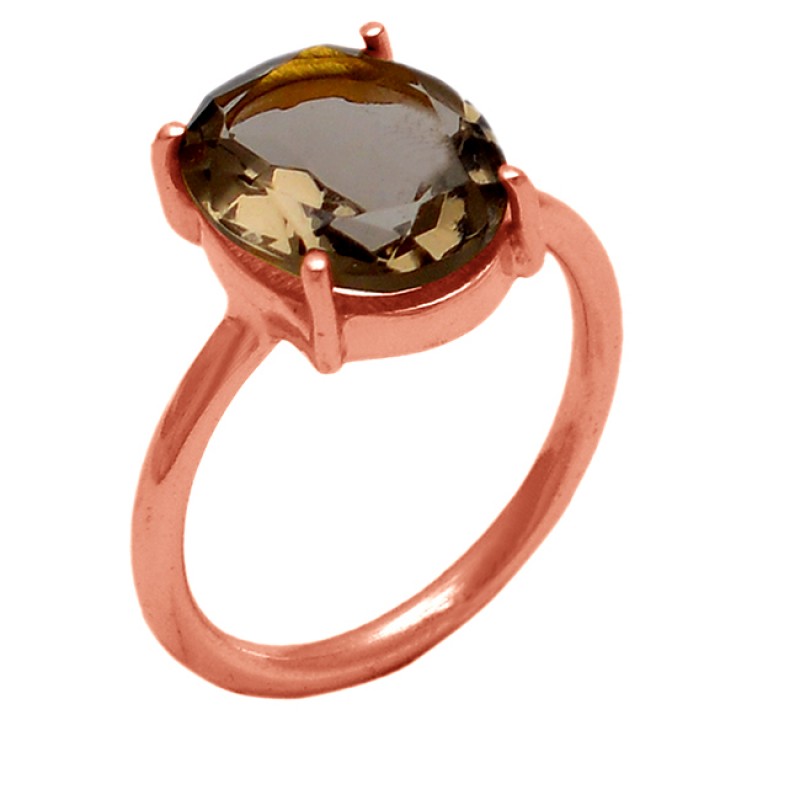 Oval Shape Smoky Quartz Gemstone 925 Sterling Silver Gold Plated Ring Jewelry