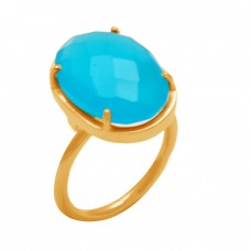 Oval Shape Blue Chalcedony Gemstone 925 Sterling Silver Gold Plated Prong Setting Ring