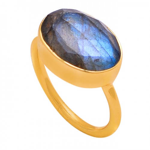 Oval Shape Labradorite Gemstone 925 Sterling Silver Gold Plated Ring 
