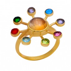 Round Shape Multi Color Gemstone 925 Sterling Silver Gold Plated Ring