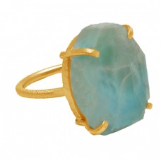 Fancy Shape Larimar Gemstone 925 Sterling Silver Gold Plated Prong Setting Ring