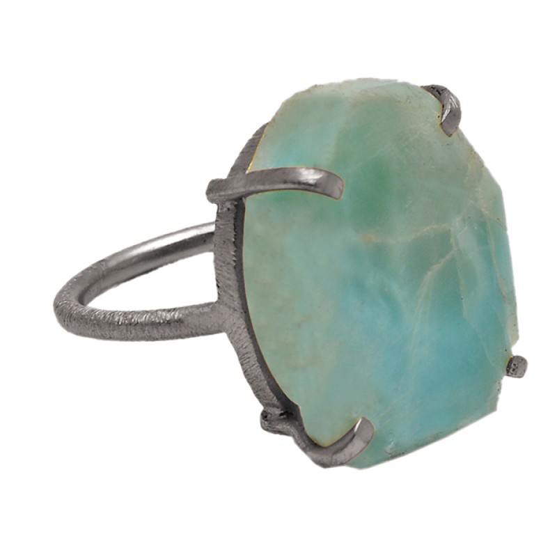 Fancy Shape Larimar Gemstone 925 Sterling Silver Gold Plated Prong Setting Ring