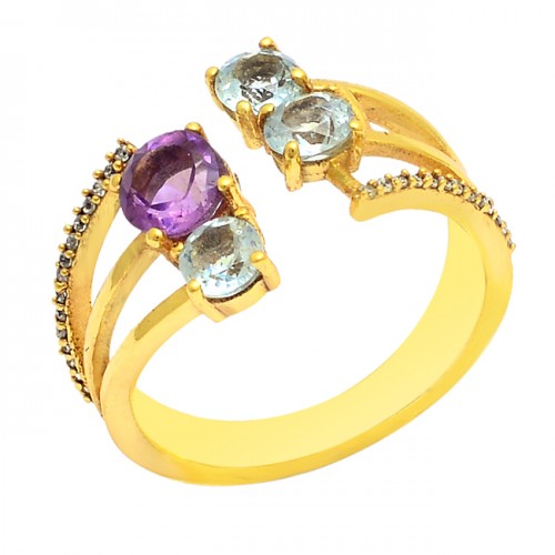 Amethyst Blue Topaz Gemstone 925 Sterling Silver Gold Plated Ring Jewellery