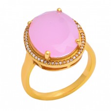 Oval Shape Rose Chalcedony Gemstone 925 Sterling Silver Gold Plated Ring