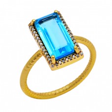 Tanzanite Quartz Cz Gemstone 925 Sterling Silver Gold Plated Cocktail Ring