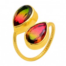 Tourmaline Doublet Quartz Gemstone 925 Sterling Silver Gold Plated Ring 