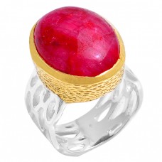 Cabochon Oval Shape Ruby Gemstone 925 Sterling Silver Gold Plated Ring
