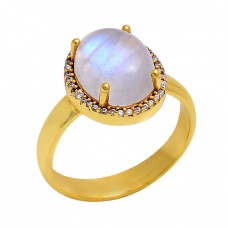 Rainbow Moonstone Cz 925 Sterling Silver Gold Plated Cocktail Ring Jewelry