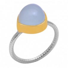 Round Shape Aqua Chalcedony Gemstone 925 Sterling Silver Gold Plated Ring