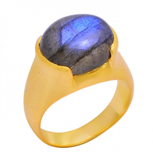 Cabochon Oval Labradorite Gemstone 925 Sterling Silver Gold Plated Ring