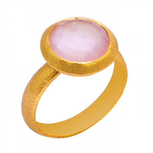 Round Shape Pink Quartz Gemstone 925 Sterling Silver Gold Plated Ring