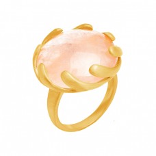 Round Shape Rose Quartz Gemstone 925 Sterling Silver Gold Plated Designer Ring