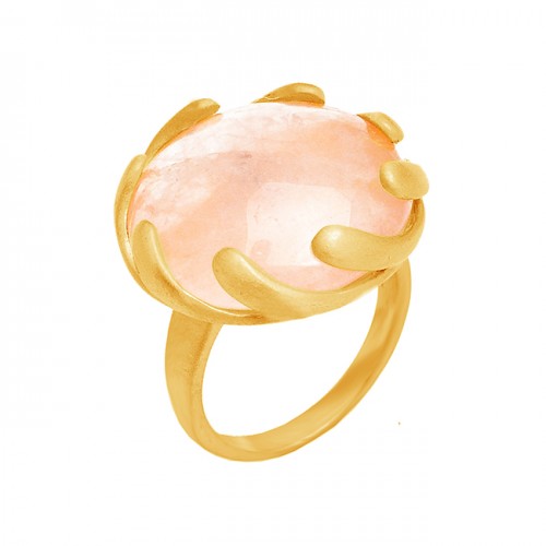 Round Shape Rose Quartz Gemstone 925 Sterling Silver Gold Plated Designer Ring