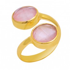 Round Shape Pink Quartz Gemstone 925 Sterling Silver Gold Plated Ring