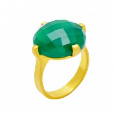 Round Shape Green Onyx Gemstone 925 Sterling Silver Gold Plated Ring Jewelry