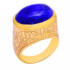 Oval Shape Blue Sapphire Gemstone 925 Sterling Silver Gold Plated Ring